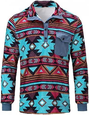XXBR MENS Fuzzy Sherpa Plaid Aztec Pulverove за џемпер од руно јакна зимски долги ракави џемпери надвор од џеб