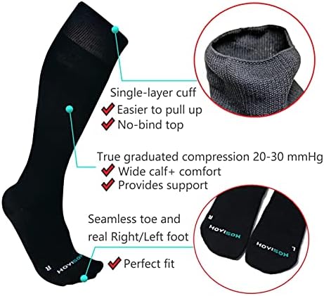 Чорапи за компресија на HoyiSox плус големина 20-30 mmHg за мажи и жени, широко теле, екстра голем, удобен памук