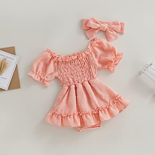 Новороденчиња бебе девојчиња лето руфле ромпер фустан шифон точка кратки ракави ромери со лента за глава симпатична облека за бебиња