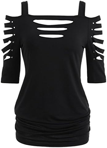 Летни карпести врвови на Левос, женско модно рамо исечете ја маицата со ракав за ракави, шуплива обична маица