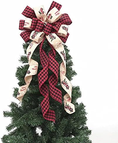 Божиќно дрво Топер лак црвена и црна биволска карирана декоративна лак за Божиќни украси за украсување на рустикална куќа, 34х12 инчи