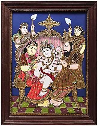 Егзотична Индија 20 x 26 Господ Кришна со сликарството на Нанда и Јашода Танјоре | Традиционални бои со 24к злато |
