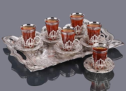 Ламахоме Турски арапски чај чаши сет од 6 со чинии и држачи со послужавник за сервисирање- Фенси гроздобер сребро рачно изработено