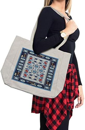 Амбесон авганистанска торба за купување, сини тонирани геометриски мотиви племенски безвременски дизајн средна шема, еколошка торба