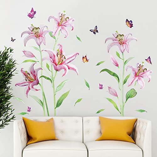 Креативни Розови Цветови Ѕидни Налепници 3д Крин Пеперутка Ѕидни Налепници САМИ Отстранливи Романтични Цветни Зелени Лисја Растенија