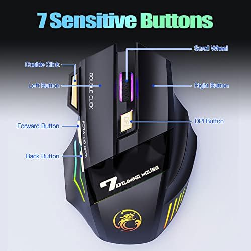 Вегко Ц8 Безжичен Гејмерски Глушец, Глувче За Играње Со Тивок Клик На Полнење Со 2,4 G USB Приемник, 3 Прилагодливи DPI, 7 Чувствителни