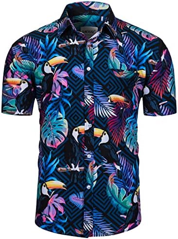 Tunevuse mens Хавајски кошули и шорцеви Поставете 2 парчиња тропска облека со цветно копче за печатење надолу од костум на плажа со капи со корпи
