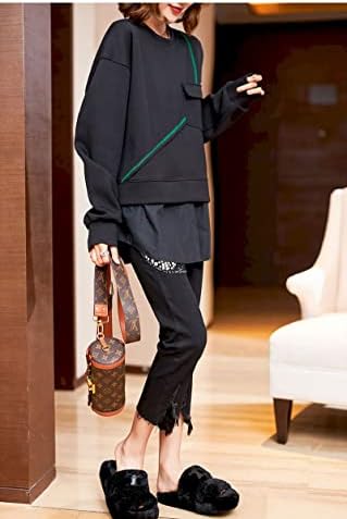 Чонг Фенг Ксиа лажни дво-парчиња зашиени влезови жени есен зимски тренд пулвер лабав долг ракав џемпер естетски врв
