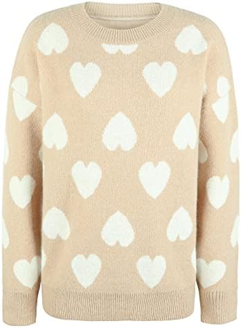 Oplxuo жени срце срце печатење џемпер моден екипаж врат долг ракав нејасен плетен лесен пулв тинејџерски џемпери џемпери скокач