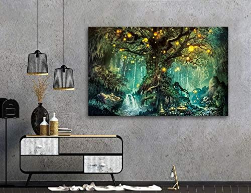 Дрво на живот Фантазиско шума платно wallидна уметност, апстрактно сликарство дома декор, пејзажни отпечатоци за домашни украси, постер за
