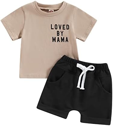 Новороденче бебе момче 2 парчиња облека со букви печати кратки ракави маици врвови шорцеви поставени летни облеки