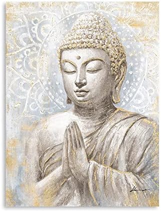 Златен Буда wallиден декор: Мало смеа на Буда сликарство со мандала цвет и златен лист Буда слики за дневна соба спална соба јога соба будистичка