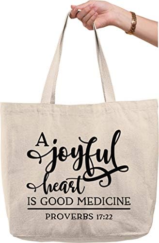 Задебелени торбички торби радосно срце е добар лек курзивни капачиња за одјавување на библиски стих природно платно торба за смешен подарок