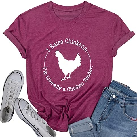 Единствени жени летни врвови 2023 година за печатење на животни пилешки маички селски фарма каузална екипаж вратот кратки ракави