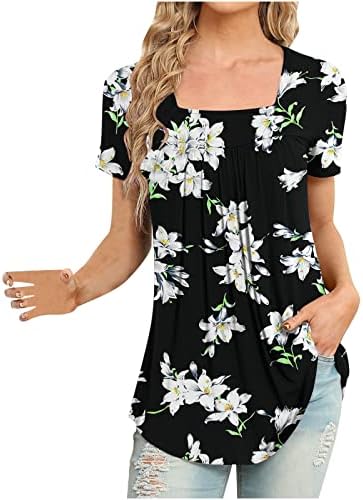 Плоштад врат Спандекс блузи за тинејџерски девојки лето есен кратки ракави цветни графички обични врвни жени 2023 облека 0м