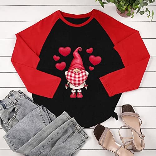 Џемпери на ден на жени на в Valentубените, симпатични гноми и карирани кошули за печатење на срце, долги ракави џемпер за крпеница