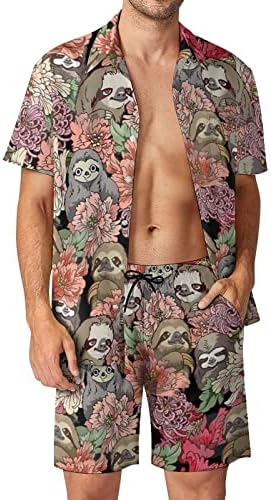 Weedkeycat мрзници машка облека за плажа 2 парчиња Хавајско копче надолу со кошула Краток ракав и шорцеви