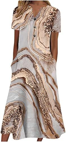 Longенски долг макси цветен фустан за печатење со џеб Бохо цветен принт со кратки ракави копче надолу фустани за плажа