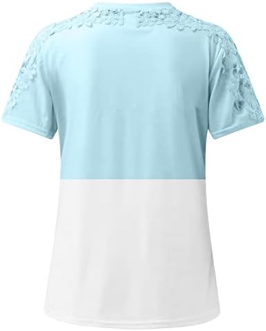 Девојки шарени есен лето 2023 година со чипка со кратки ракави, памук екипаж на вратот на вратот на вратот на маицата за жени YW YW
