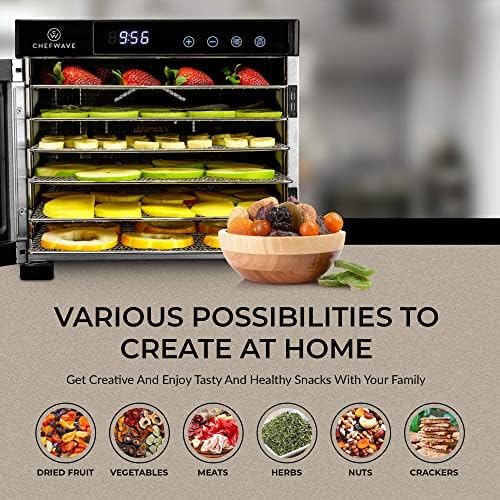 Cheffwave Commercial Countertop Електрична храна Дехидратор - Дигитална контрола на температурата и тајмер, 6 ленти од не'рѓосувачки челик