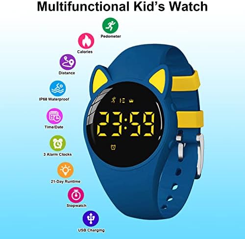 HuyvMay Kids Fitness Tracker Pedometer Watch без апликација/Bluetooth, USB полнење 1 час за 20 дена употреба, IP68 водоотпорен дигитален