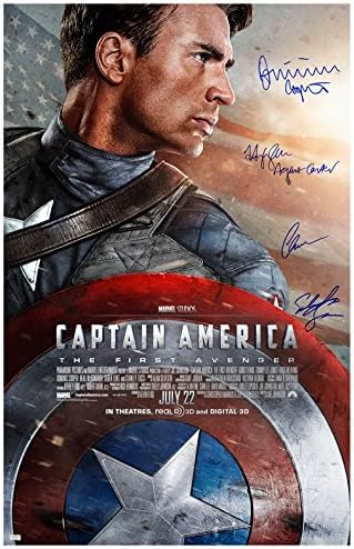 Крис Еванс, Себастијан Стен, Хејли Атвел и Доминик Купер автограмираа 27 × 40 Автограм Капетан Америка: Првиот постер за одмазднички