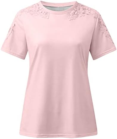 Летни кошули за жени исечени чипка чипка кратки ракави врвови околу вратот трендовски маичка обична лабава фит -фит -блок во боја,