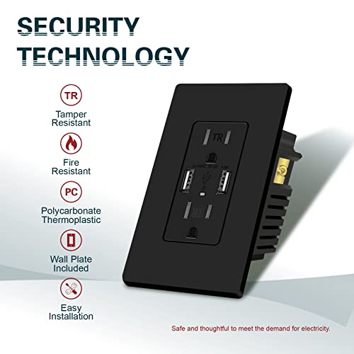 TOPELER 4.8A Црн USB Wallиден полнач, 15 засилувач Дуплекс отпорен на прицврстувач, електричен приклучок со двојни USB-пристаништа, вклучена