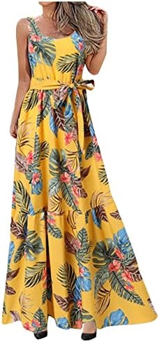 Lutmanенски летни обични модни растенија печати секси ракави без ракави, чипка на половината на вратот, голем фустан од елек