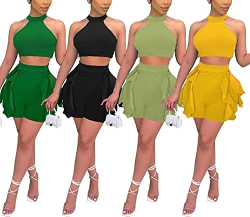Annystore Women Sexy Two Piect Compit Lutture Sleevers Halter Crop Tops Ruffle Biker Shorts Set Rompers TranchueSuit