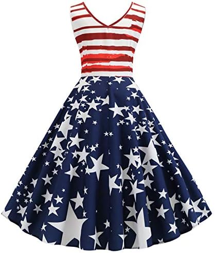 4 -ти јули 50 -ти фустан за жени Гроздобер коктел Халтер фустан Американско знаме печатено од 1950 -тите години на забава од 1950 -тите
