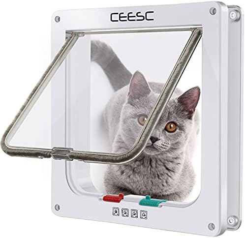CESC CAT FLAP врата Магнетна врата од домашно милениче со 4 -та брава за мачки, мачиња и мачиња, 2 големини и 2 опции за бои x 7,48 “, бело)