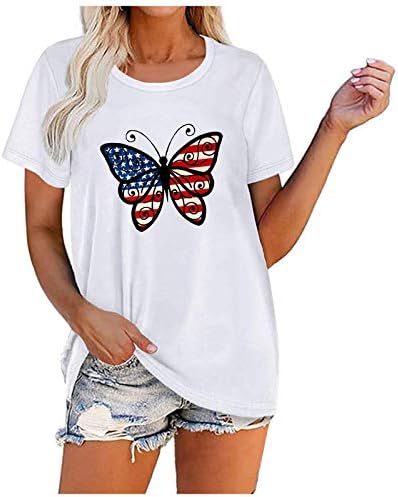 Патриотски кошули за жени во САД маички со знаме на знаме обични летни врвови со кратки ракави маички патриотски удобни лабави