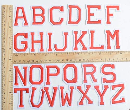 Ironелезо на букви закрпи 52 парчиња азбуки везови букви А-З или шијте за облека за капаци, јакни со ткаенини маици со фармерки торбички