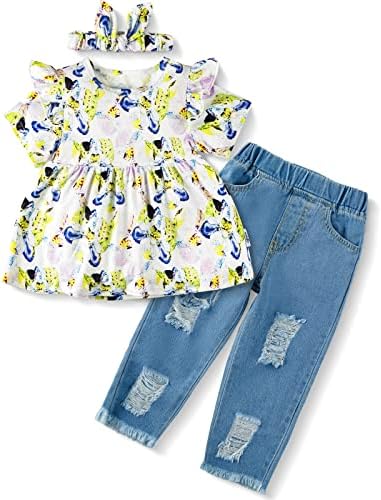 Облека за облека за девојчиња, дете девојче Руфл цветни врвови со долги ракави со искинати панталони со фармерки и лента за глава 6M