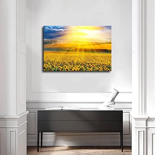 Сончевата светлина сјае на сончогледни полиња, цвеќиња и растенија постер платно печатење уметност декорација дневна соба дома