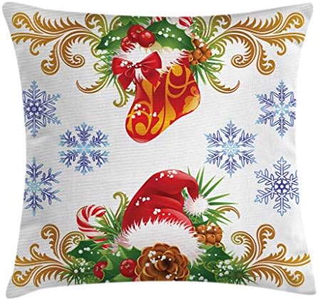 Ambesonne Christmas Folth Pillow Pillow Cover, класичен традиционален дизајн порибување на Дедо Мраз Клаус Хет ластови од снегулки, декоративни