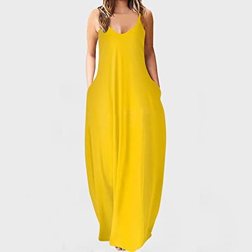 Hot6sl макси фустан за жени, плус фустан со големина за жени 2023 летни фустани џебови случајни без ракави летни шпагети фустан