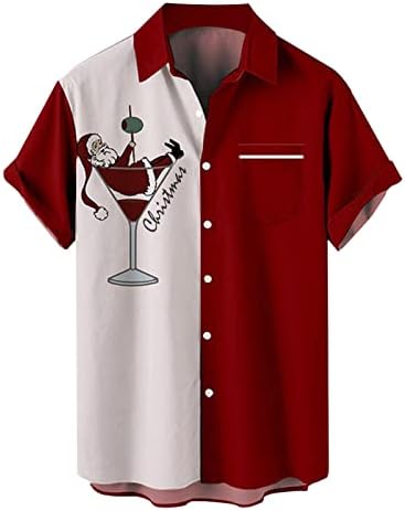 Менска гроздобер кошула за куглање симпатична санта печати случајно копче на кратки ракави маици од плажа лабава вклопени во хавајски врвови