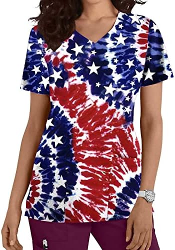 Ден на независност врвови за жени со кратки ракави со кратки ракави со маичка со џебови со џебови лабава обична патриотска кошула