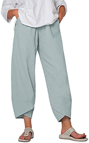 Mackneog со високи половини женски капри панталони за летна лесна лесна цврста боја обична лабава лабава капри панталони широки нозе постелнина
