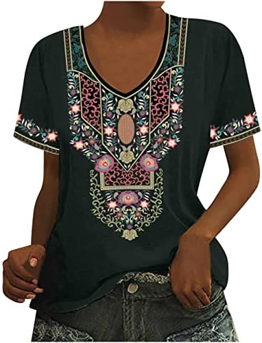 Летни маички за жени гроздобер Ацтеки печатени кратки ракави памучни врвови кошули случајни v вратот лабава вклопена туника блузи