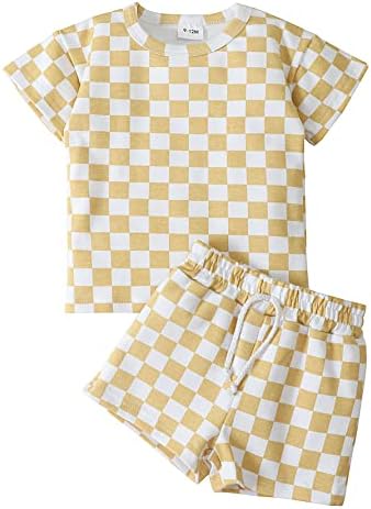 Frloony Toddler Бебе момче облека Детска летна облека за проверка на табла со кратки ракави маички врвови + шорцеви 2 парчиња облека
