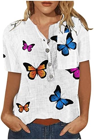 Копче за женски салон надолу до маици со кратки ракави на врвови кошули екипа на пеперутка апстрактна уметничка печатена маици 2023 OQ