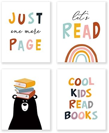 Litiu кул деца Прочитајте книги само уште една страница за читање wallидни уметности за печатење декор, 8 ”x10” сет од 4, слатки читатели