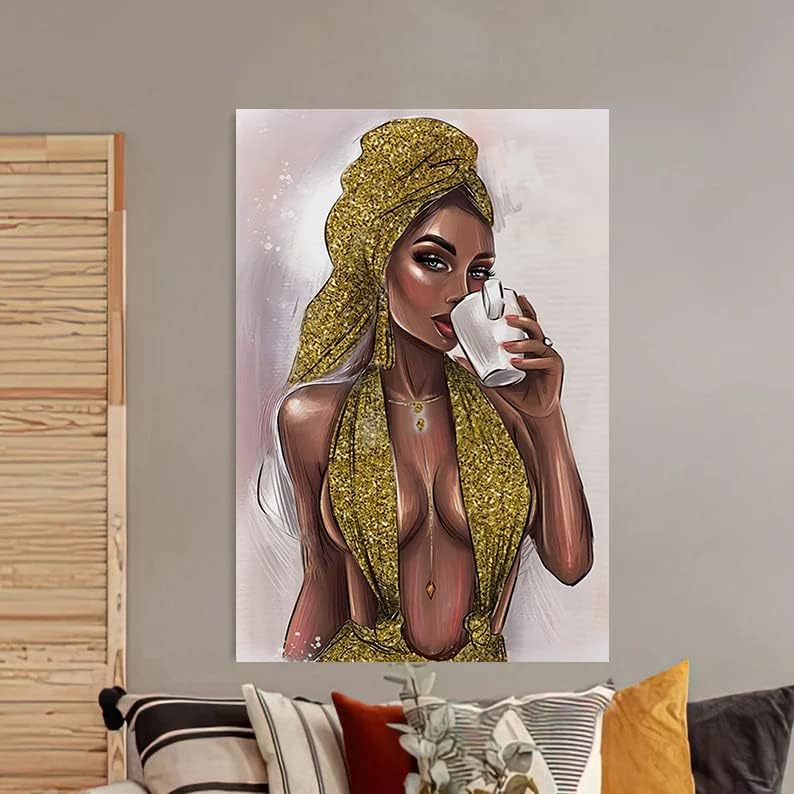 Афроамериканец црна жена пиење кафе злато сјајно платно wallидни уметности постер, модерна модна девојка wallидна печатење вистинска сјај текстурирана