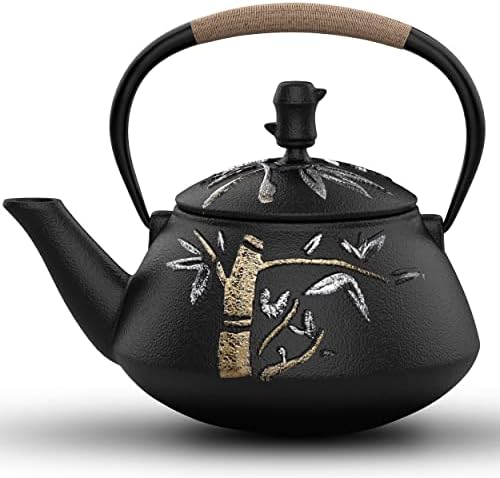 Чај котел, сад за чај од леано железо со инфузер од не'рѓосувачки челик, јапонски садови за чај за шпорет, уникатен рачно обоен бамбус