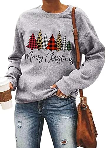 Среќни божиќни џемпери за жени графички пулвер за екипаж, слатка кошула, симпатични екипи за Божиќни кошули со врвови на врвовите