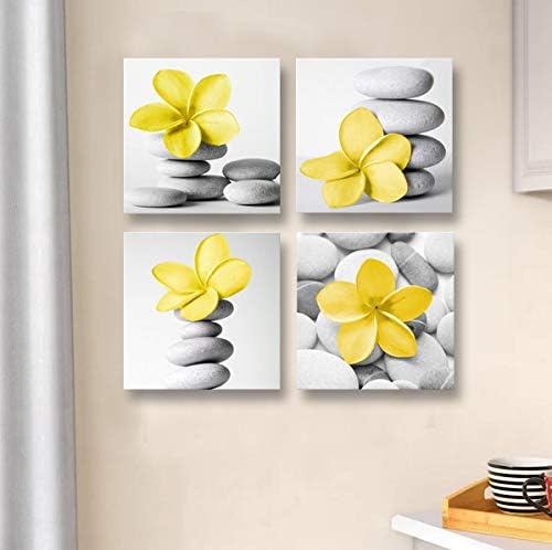 Гениј декор-модерна бања жолто сива wallидна уметност Слика Цвеќиња и каша од кантино камени платно печатење wallид декор сет 4