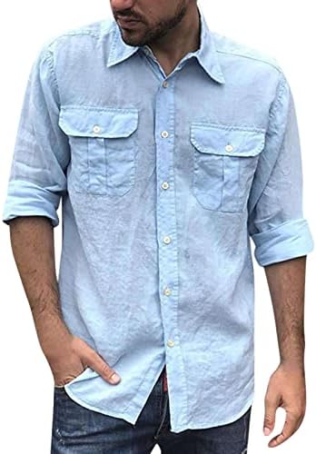 Маж со долги ракави од памук летна летна плажа копче надолу со кошули со работа, обични редовни врвови на кошула со џеб